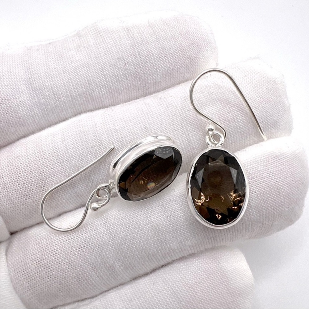 Oval Faceted Smoky Quartz .925 Sterling Silver Earrings